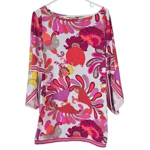 Trina Turk Caprice Tunic Swim Cover Up M Vibrant Orange/Pink Stretch Flowy